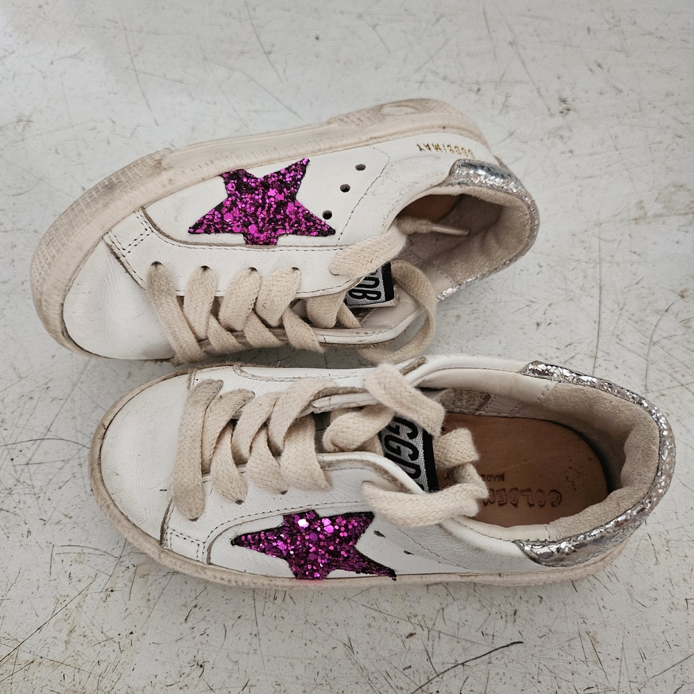 Golden Goose Kids White Sneakers with Pink Glitter Star and Silver Heel